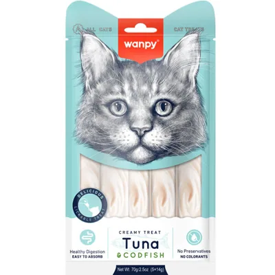 Wanpy ТУНЕЦЬ З ТРІСКОЮ (Creamy Treat Tuna&Codfish) рідкі ласощі для котів 14гх5од.